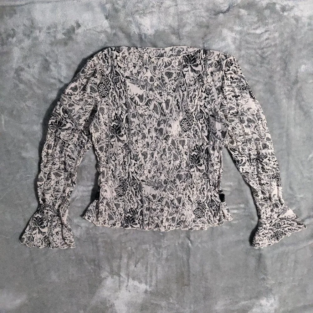 Dressbarn Faux Lace Print Bell Sleeve Semi Sheer Blouse Womens Size M